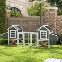 HKM-3630397 Large Dual Chicken Coop with Outdoor Run - Gray Fir Wood Chicken House for 4-6 Chickens