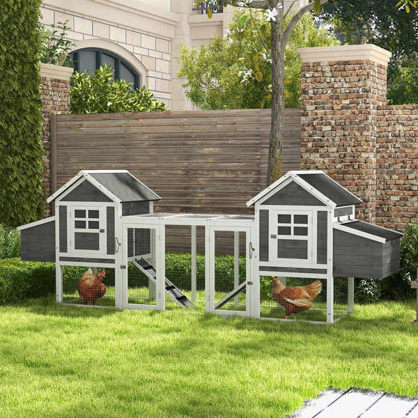 HKM-3630397 Large Dual Chicken Coop with Outdoor Run - Gray Fir Wood Chicken House for 4-6 Chickens