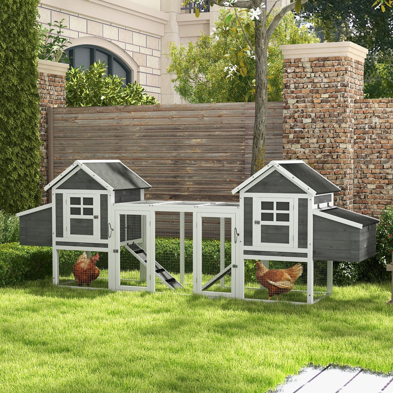 HKM-3630397 Large Dual Chicken Coop with Outdoor Run - Gray Fir Wood Chicken House for 4-6 Chickens