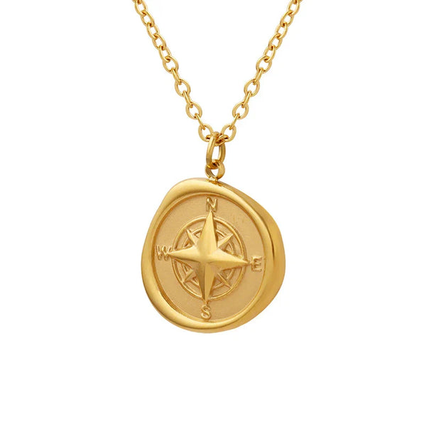 HKM-363091 Fashion 18k Gold Plated Chain Statement Necklace Waterproof Stainless Steel Compass Pendant Necklace for Women Gift