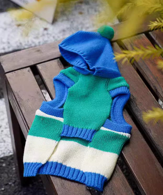 HKM-3631293 Striped Hooded Knitted Pet Sweater for Autumn/Winter - Available in Blue, Sizes S-L