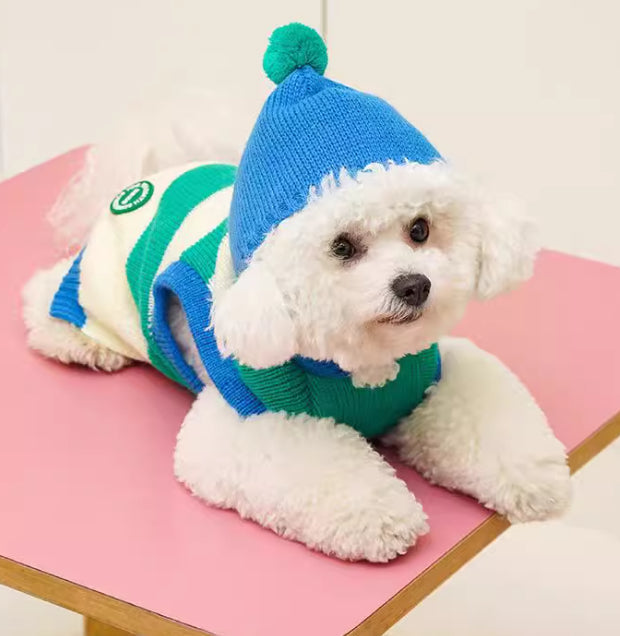 HKM-3631293 Striped Hooded Knitted Pet Sweater for Autumn/Winter - Available in Blue, Sizes S-L
