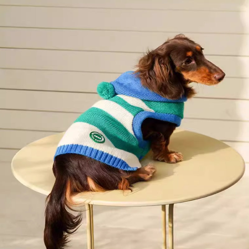 HKM-3631293 Striped Hooded Knitted Pet Sweater for Autumn/Winter - Available in Blue, Sizes S-L