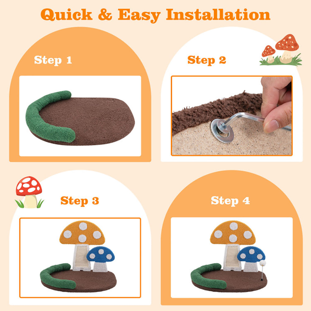 HKM-3632701 Multifunctional Mushroom Cat Bed with Scratch Panel and Swinging Ball, Comfortable and Space-Saving Design