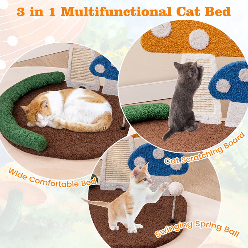 HKM-3632701 Multifunctional Mushroom Cat Bed with Scratch Panel and Swinging Ball, Comfortable and Space-Saving Design