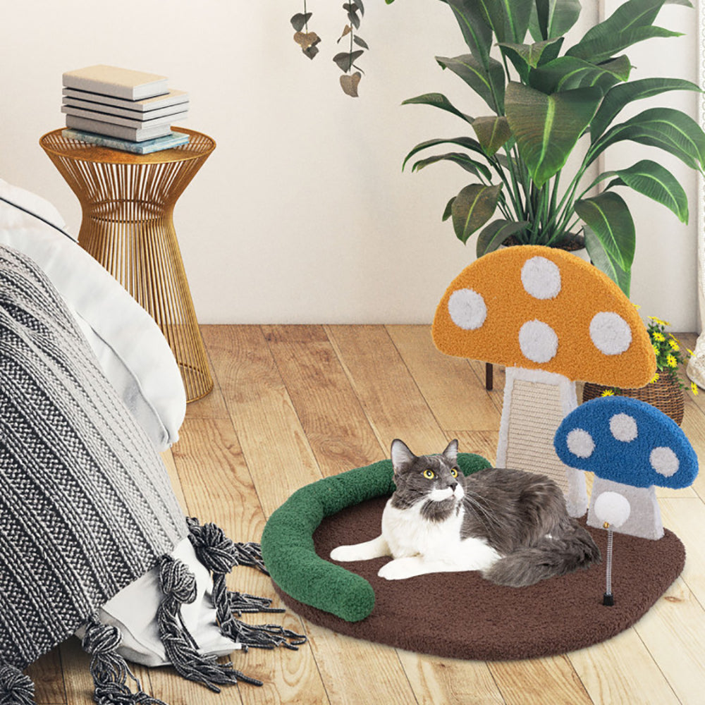 HKM-3632701 Multifunctional Mushroom Cat Bed with Scratch Panel and Swinging Ball, Comfortable and Space-Saving Design