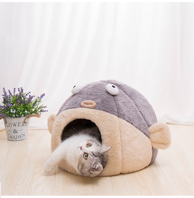 HKM-3636541 Cozy All-Season Cat House with Velvet Pufferfish Nest Pad