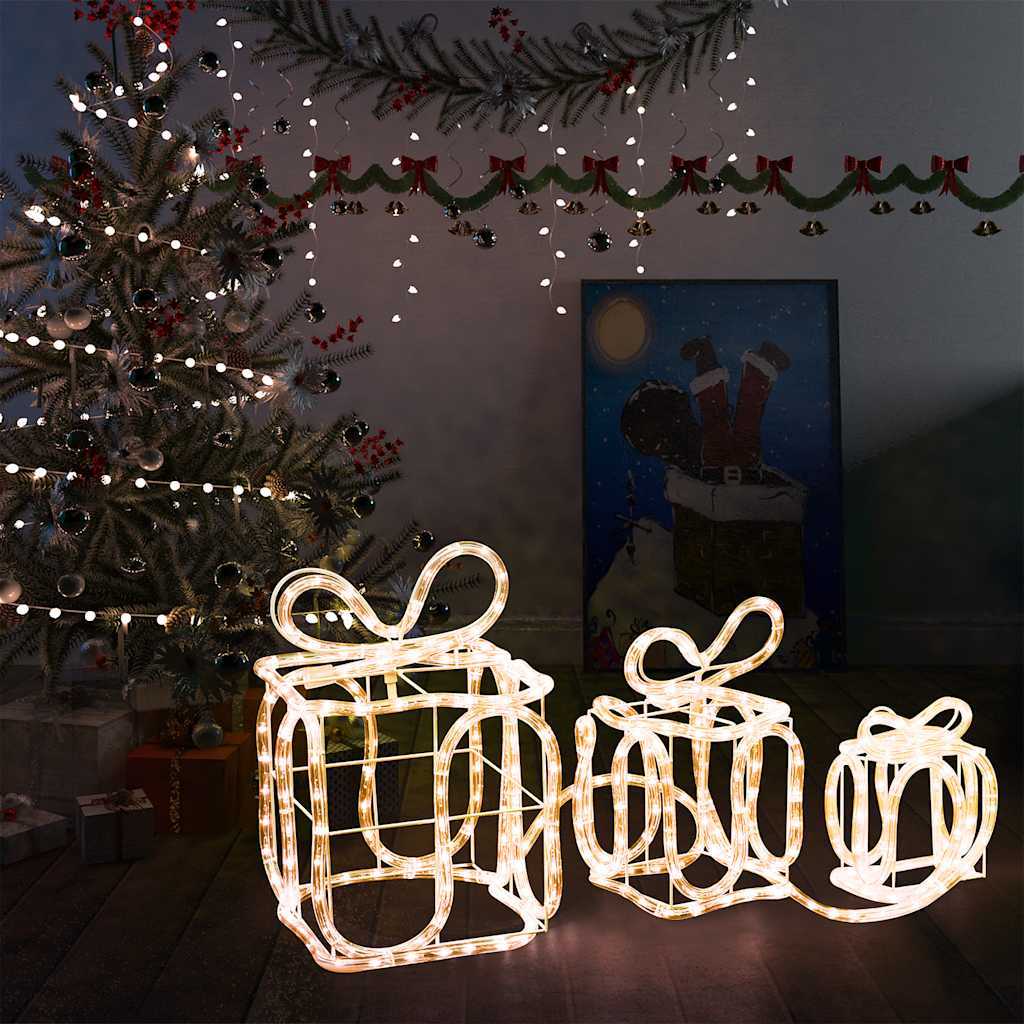 HKM-363667 3D Christmas Gift Box Decorations with 180 Warm White LEDs, Waterproof Indoor Outdoor Holiday Decor