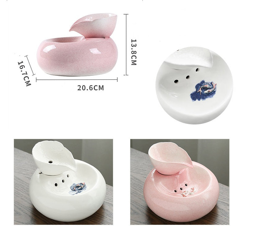 HKM-3638333 Ceramic Automatic Cat Water Dispenser with Filtration System - White and Pink