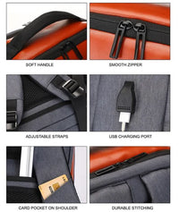 HKM-363923 USB Charging Nylon Laptop Black Backpack for Students, Multi-Compartment Computer Rucksack