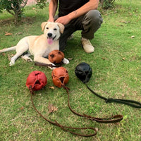 HKM-3640893 Leather Dog Training Bite Ball Toy with Handle for Tug and Fetch Play