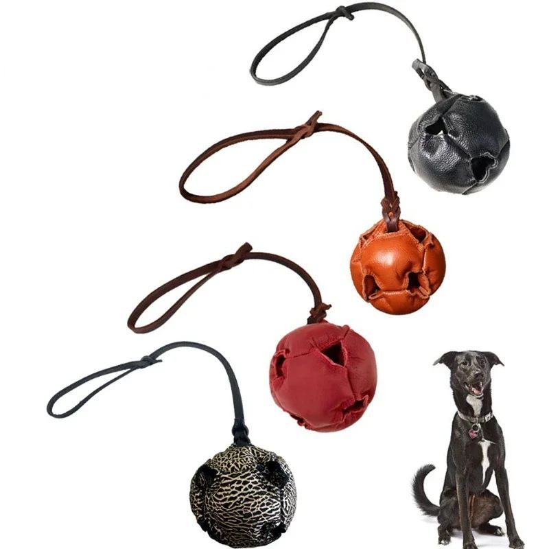 HKM-3640893 Leather Dog Training Bite Ball Toy with Handle for Tug and Fetch Play