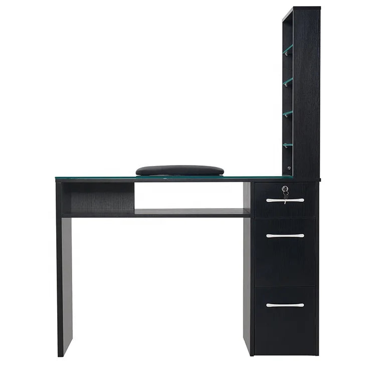 HKM-364563 Customised Nail Manicure Table with Glass Drawers and Shelves for Salon Use