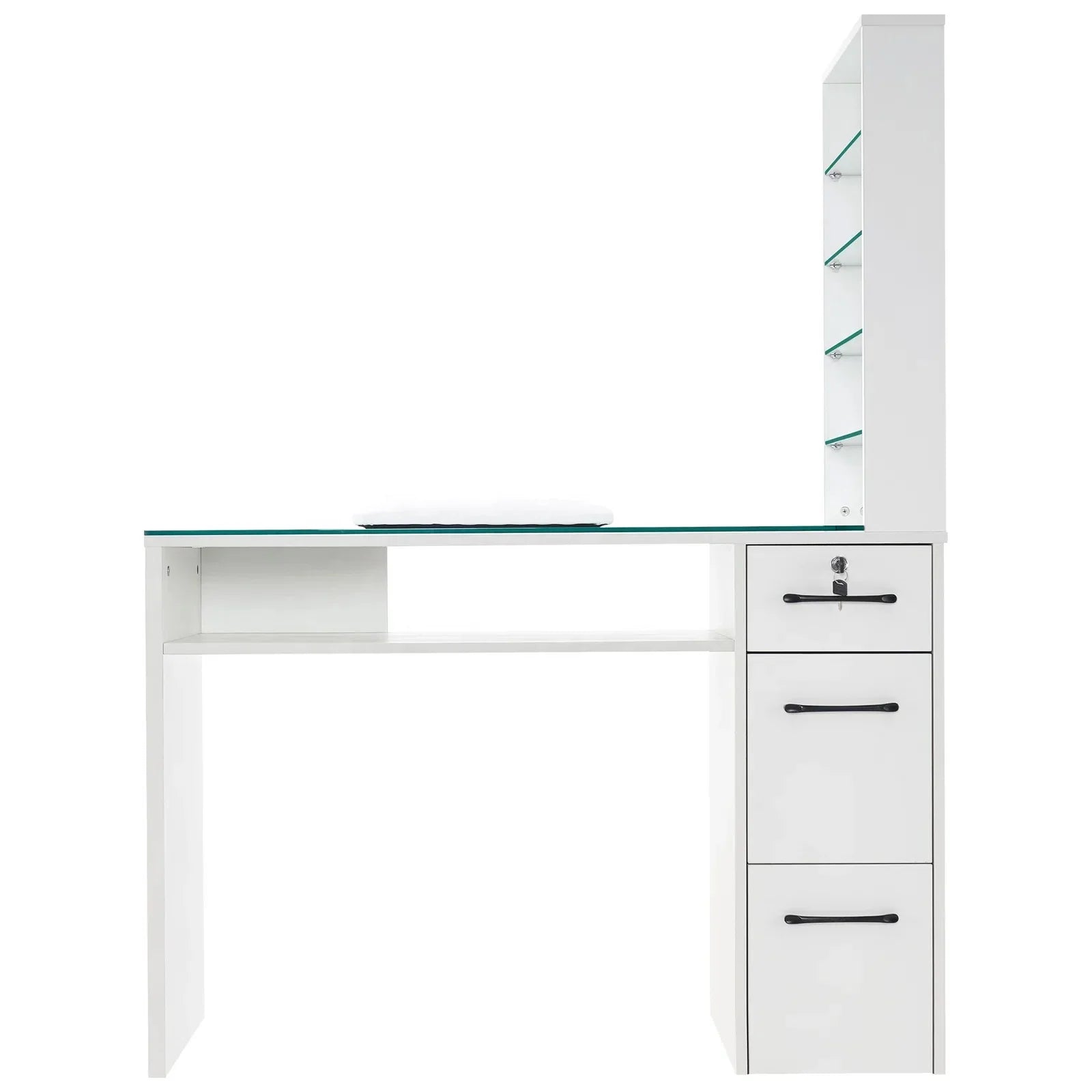 HKM-364563 Customised Nail Manicure Table with Glass Drawers and Shelves for Salon Use
