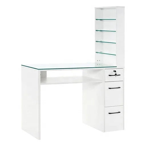 HKM-364563 Customised Nail Manicure Table with Glass Drawers and Shelves for Salon Use