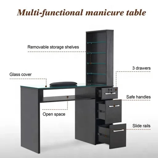 HKM-364563 Customised Nail Manicure Table with Glass Drawers and Shelves for Salon Use