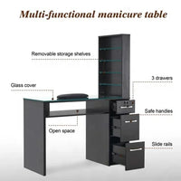 HKM-364563 Customised Nail Manicure Table with Glass Drawers and Shelves for Salon Use