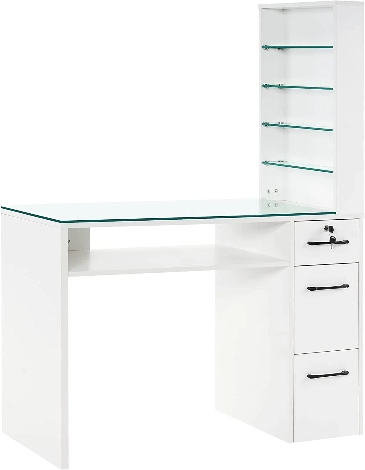 HKM-364563 Customised Nail Manicure Table with Glass Drawers and Shelves for Salon Use