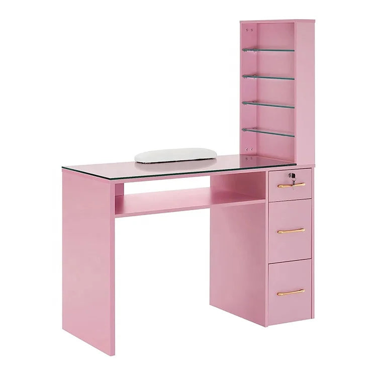HKM-364563 Customised Nail Manicure Table with Glass Drawers and Shelves for Salon Use