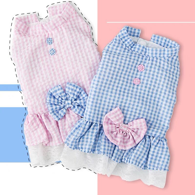 HKM-3648573 Summer Princess Dress for Small Dogs in Blue and Pink - Lightweight Polyester, Multiple Sizes Available