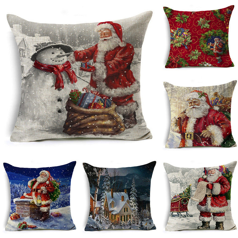 HKM-365139 Santa Claus Cartoon Printed Linen Pillowcase for Holiday Decor, 45 x 45cm