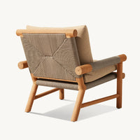 HKM-365203 Modern Cane Lounge Chair with Teak Frame and Rattan Detailing, Outdoor Fabric Cushion for Living Room