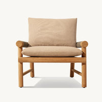 HKM-365203 Modern Cane Lounge Chair with Teak Frame and Rattan Detailing, Outdoor Fabric Cushion for Living Room