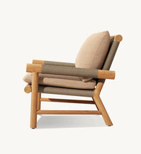 HKM-365203 Modern Cane Lounge Chair with Teak Frame and Rattan Detailing, Outdoor Fabric Cushion for Living Room