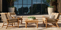 HKM-365203 Modern Cane Lounge Chair with Teak Frame and Rattan Detailing, Outdoor Fabric Cushion for Living Room