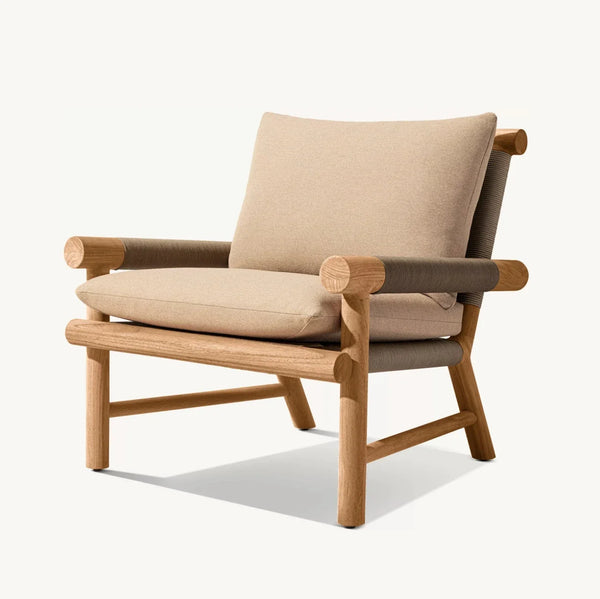 HKM-365203 Modern Cane Lounge Chair with Teak Frame and Rattan Detailing, Outdoor Fabric Cushion for Living Room
