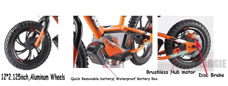 HKM-365267 16-Inch 250W Electric Balance Bike for Kids - No Pedals, Steel Fork, Aluminum Frame, CE Certified