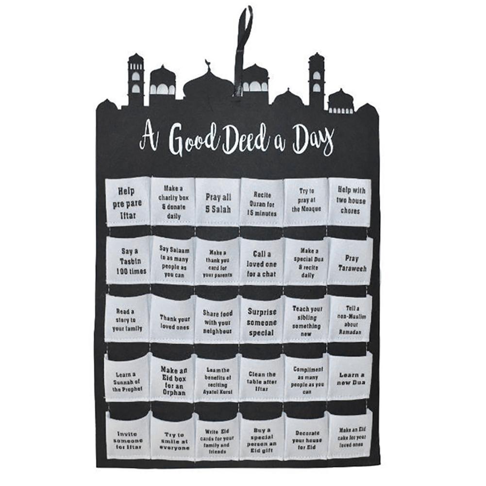 HKM-365523 Eid Mubarak Countdown Fabric Wall Calendar with Crescent Storage Bag - 40x40cm White Felt Design