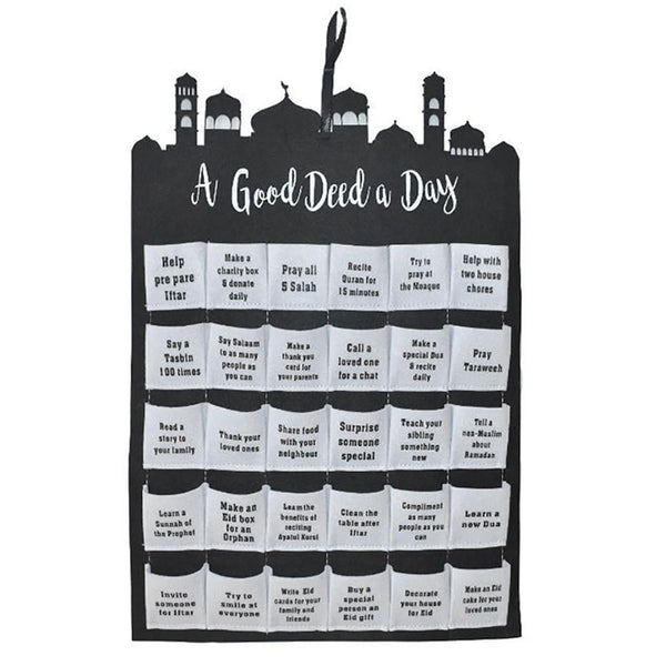 HKM-365523 Eid Mubarak Countdown Fabric Wall Calendar with Crescent Storage Bag - 40x40cm White Felt Design