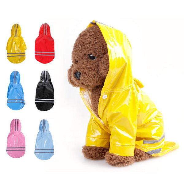 HKM-365587 Hooded Waterproof PU Dog Raincoat with Reflective Stripes - Available in Multiple Colors and Sizes