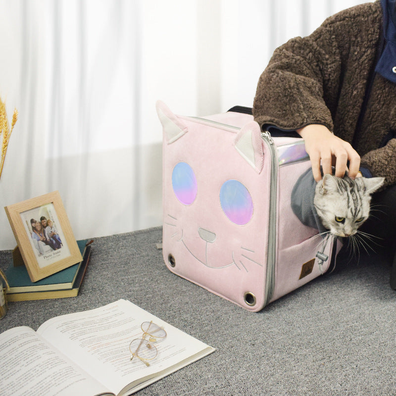 HKM-3655997 Stylish Space Capsule Cat Backpack in Pink, Yellow, and Blue - Medium to Hard Corduroy Design
