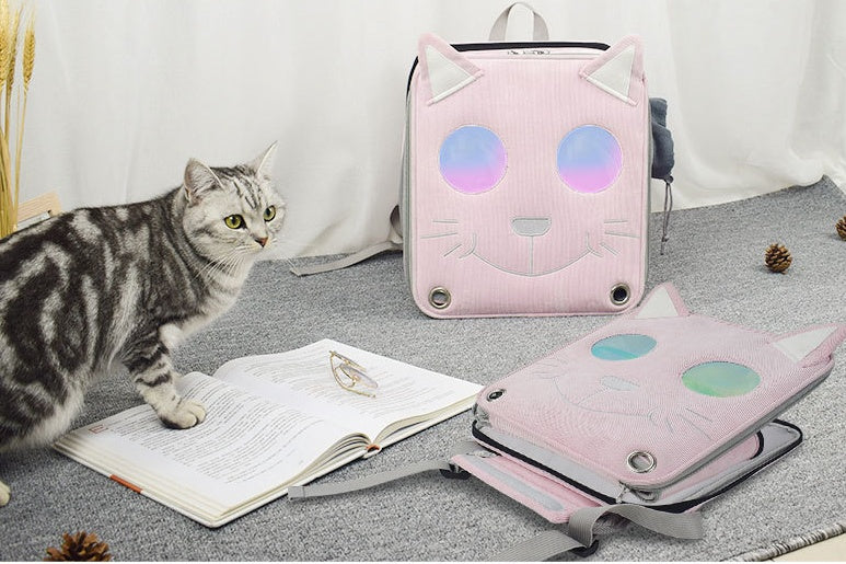HKM-3655997 Stylish Space Capsule Cat Backpack in Pink, Yellow, and Blue - Medium to Hard Corduroy Design