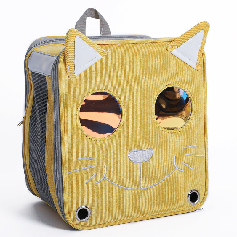 HKM-3655997 Stylish Space Capsule Cat Backpack in Pink, Yellow, and Blue - Medium to Hard Corduroy Design