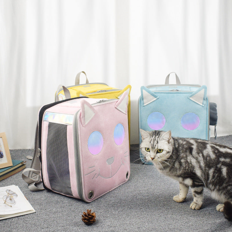 HKM-3655997 Stylish Space Capsule Cat Backpack in Pink, Yellow, and Blue - Medium to Hard Corduroy Design