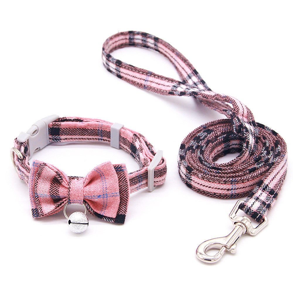 HKM-3659325 Plaid Cat Bell Collar with Butterfly Bow Tie and Optional Leash