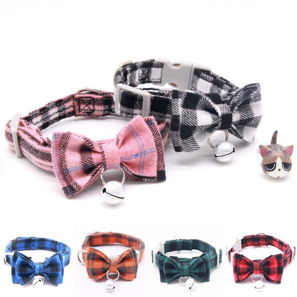 HKM-3659325 Plaid Cat Bell Collar with Butterfly Bow Tie and Optional Leash