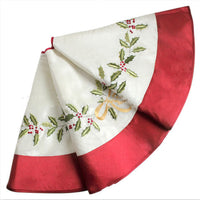 HKM-366291 White Embroidered Holly Leaves Christmas Tree Skirt – 50 inches (127cm) Decorative Base Cover