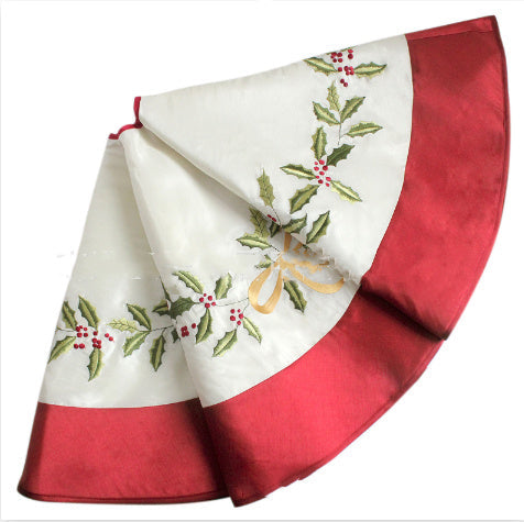 HKM-366291 White Embroidered Holly Leaves Christmas Tree Skirt – 50 inches (127cm) Decorative Base Cover