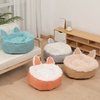 HKM-3663549 Cozy Cat Ear Plush Bed with Non-Slip Bottom for Indoor Cats - Machine Washable and Removable Cushion
