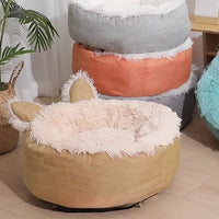 HKM-3663549 Cozy Cat Ear Plush Bed with Non-Slip Bottom for Indoor Cats - Machine Washable and Removable Cushion