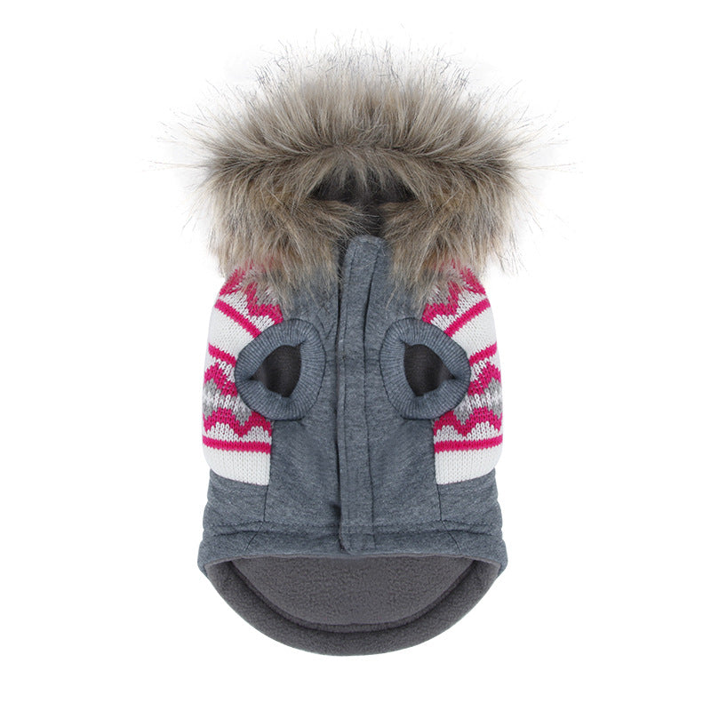 HKM-3671613 Gray Two-Legged Dog Trench Coat with Plush Fur Collar