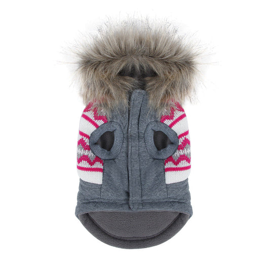 HKM-3671613 Gray Two-Legged Dog Trench Coat with Plush Fur Collar