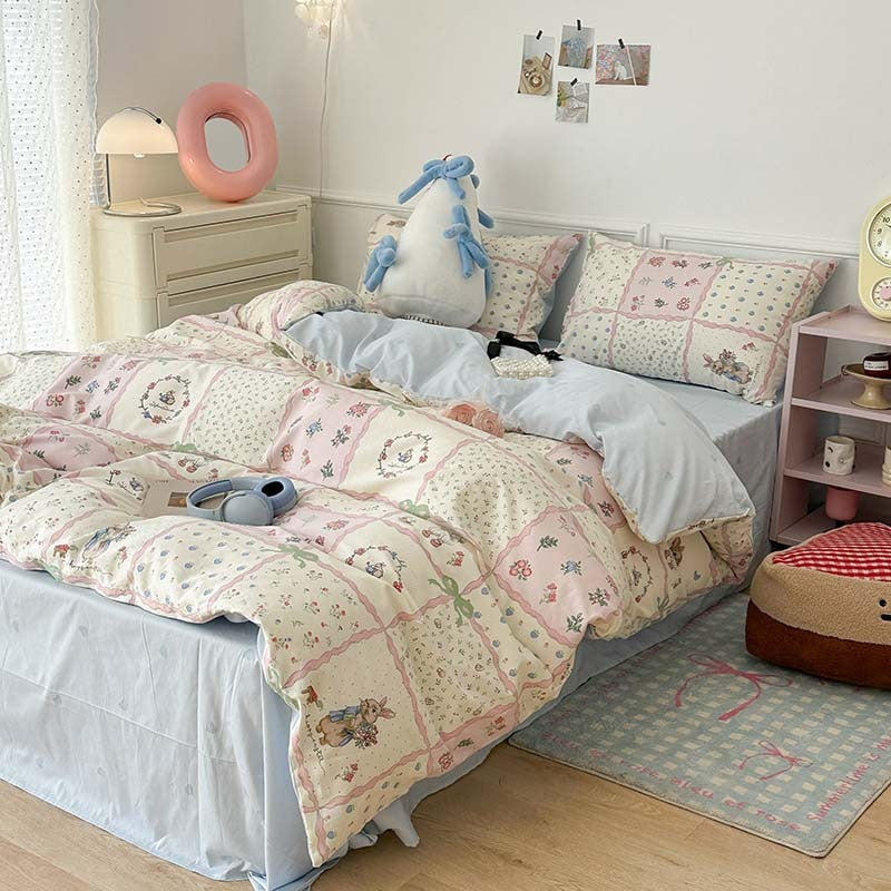 HKM-367315 Plant and Flower Printed Cotton Bedding Set - 4-Piece Bed Sheet Collection