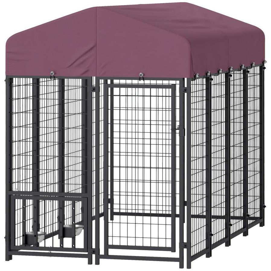 HKM-367315 Welded Wire Outdoor Dog Kennel with Adjustable Feeding Bowls and Waterproof Cover, 7.9 x 4 x 6 ft
