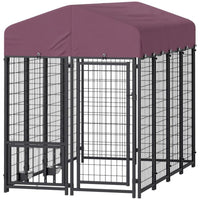 HKM-367315 Welded Wire Outdoor Dog Kennel with Adjustable Feeding Bowls and Waterproof Cover, 7.9 x 4 x 6 ft
