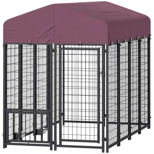 HKM-367315 Welded Wire Outdoor Dog Kennel with Adjustable Feeding Bowls and Waterproof Cover, 7.9 x 4 x 6 ft